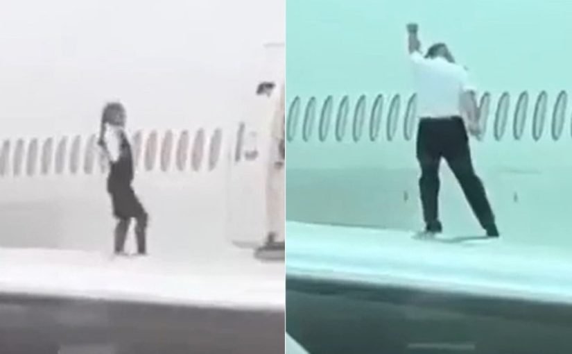 Crew members dancing on the wing of an airplane, a dangerous stunt that has received widespread publicity ➤ haberion.com